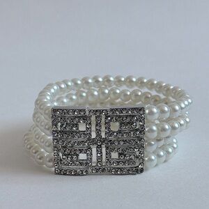 Faux Pearl and Rhinestone Geometic Design Multi Strand Stretch Bracelet
